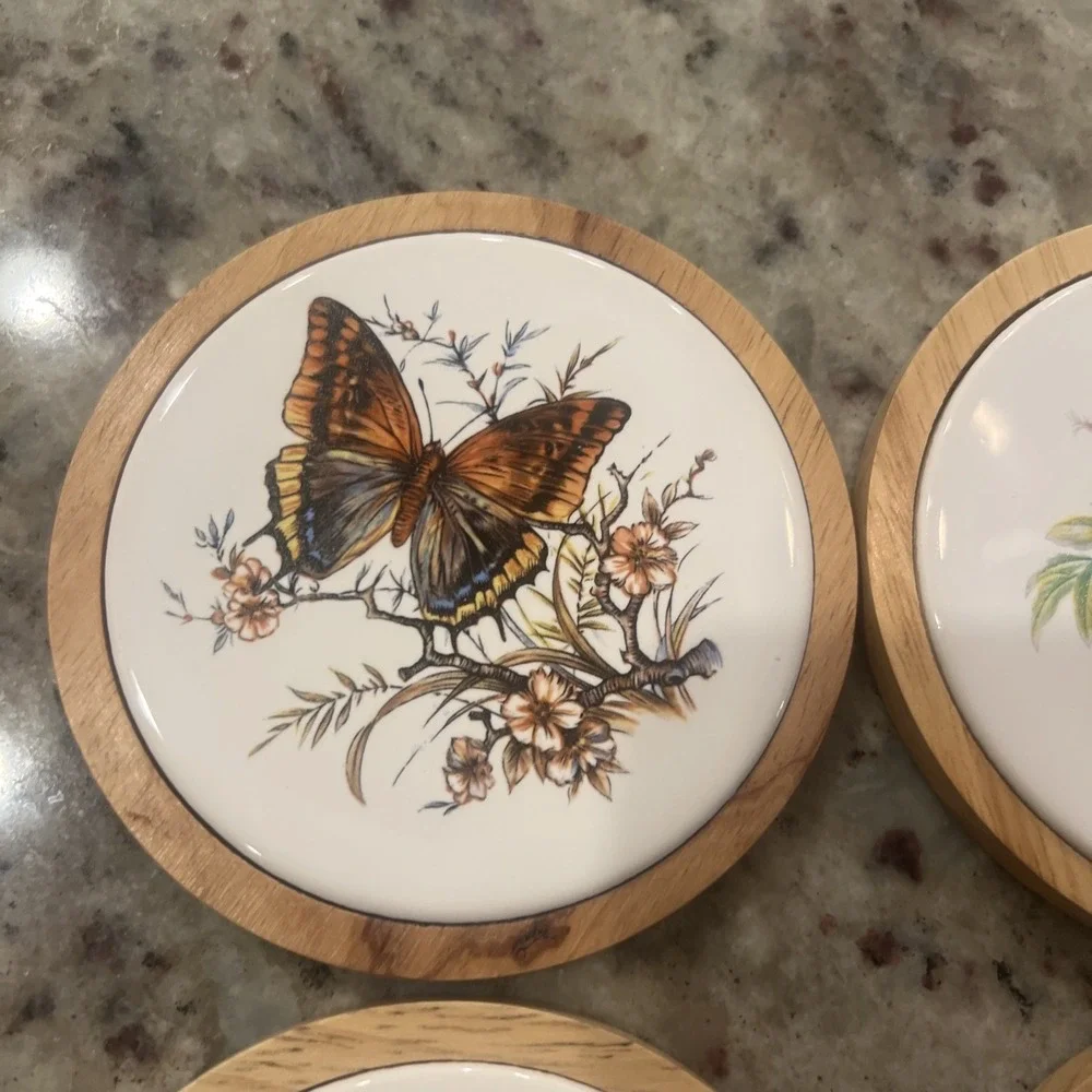 Butterfly Coasters Wood Ceramic Monarch 6‎ Designs Cottage NEW old stock
